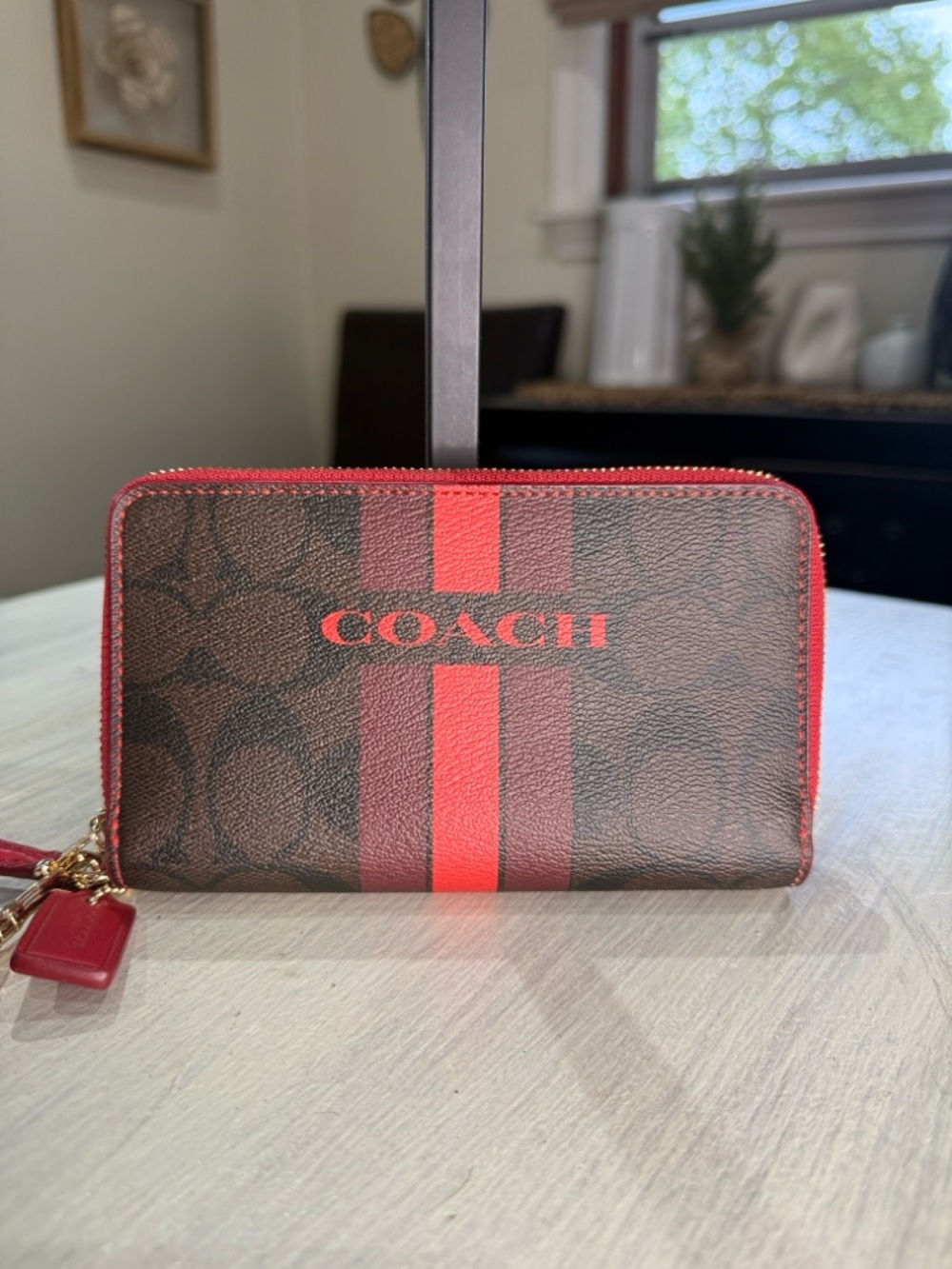 Coach Brown Double Zip Wallet with Red Signature Stripe Accent - Picture 14 of 14